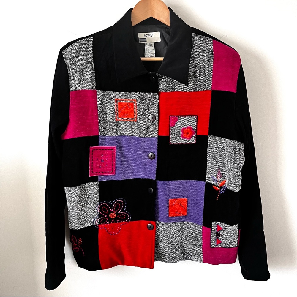 Vintage 90s Koret Colorful Patchwork Embroidered Button Jacket Boho Women XL